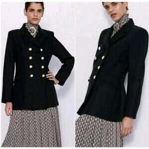 ZARA MANTECO Double Breasted Wool Pea Coat Gold Buttons Hip Length Size Small